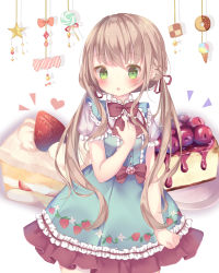 Rule 34 | 1girl, :o, bad id, bad pixiv id, blue dress, blush, cake, cake slice, commentary request, dress, food, food print, frilled dress, frills, fruit, green eyes, hair between eyes, hair ribbon, hand on own chest, heart, highres, light brown hair, long hair, low twintails, original, parted lips, print dress, puffy short sleeves, puffy sleeves, red ribbon, ribbon, short sleeves, solo, strawberry, strawberry print, strawberry shortcake, tsuruse, twintails, very long hair, white background