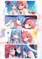 Rule 34 | 2girls, :d, ahoge, arm around back, bare shoulders, bikini, blue bikini, blue bra, blue eyes, blue hair, blue necktie, blurry, blurry background, blush, bra, breasts, cleavage, closed mouth, collarbone, collared shirt, eye contact, face-to-face, flower, from side, green eyes, grey sweater, hair between eyes, hair flower, hair ornament, hololive, hoshimachi suisei, imminent kiss, large breasts, long hair, looking at another, looking at viewer, low-tied long hair, mauve, multiple girls, multiple views, necktie, open mouth, orange flower, raised eyebrows, red flower, red hair, sakura miko, school uniform, shirt, side ponytail, sidelocks, small breasts, smile, star (symbol), straight hair, striped bikini, striped clothes, sweater, swimsuit, underwear, upper body, v, virtual youtuber, white bikini, white shirt, yuri