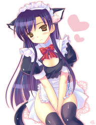 Rule 34 | 00s, 1girl, animal ears, apron, bad id, bad pixiv id, between thighs, black thighhighs, blue hair, blush, bottomless, bow, bowtie, breasts, brown eyes, cat ears, cat girl, cleavage, cleavage cutout, clothing cutout, embarrassed, female focus, frills, hairband, headdress, heart, idolmaster, idolmaster (classic), idolmaster 1, kisaragi chihaya, long hair, maid, maid apron, mame-p, paw print, purple hair, ribbon, signature, simple background, sitting, small breasts, solo, thighhighs, thighs, v arms, yellow eyes