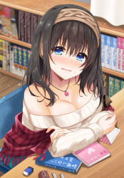 Rule 34 | 10s, 1girl, azuki yui, beige sweater, blue eyes, blush, book, bookshelf, breasts, brown hair, carpet, chair, cleavage, collarbone, curtains, eraser, fringe trim, frown, hairband, heart, idolmaster, idolmaster cinderella girls, indoors, jewelry, large breasts, long hair, long sleeves, looking at viewer, necklace, nose blush, off-shoulder, off-shoulder sweater, off shoulder, open mouth, pen, pencil case, pendant, plaid, raised eyebrows, ribbon-trimmed sleeves, ribbon trim, sagisawa fumika, sitting, solo, sweat, sweater, wavy mouth, wooden floor