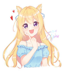 Rule 34 | 1girl, :d, blonde hair, blue shirt, blush, cropped torso, dated, frilled shirt, frills, hair between eyes, hand up, heart, highres, index finger raised, light (luxiao deng), long hair, off-shoulder shirt, off shoulder, open mouth, original, puffy short sleeves, puffy sleeves, purple eyes, shirt, short sleeves, signature, simple background, smile, solo, striped clothes, striped shirt, upper body, vertical-striped clothes, vertical-striped shirt, white background