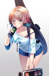 Rule 34 | 10s, 1girl, bad id, bad pixiv id, bare shoulders, blue eyes, blush, breasts, brown hair, can, cleavage, energy drink, guitar case, instrument case, leaning forward, looking at viewer, love live!, love live! sunshine!!, medium breasts, monster energy, open mouth, short hair, solo, standing, sweat, ultone (neisiss), watanabe you