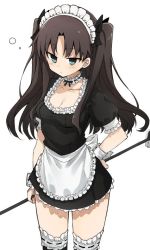 Rule 34 | 1girl, alternate costume, black dress, black ribbon, breasts, brown hair, choker, closed mouth, collarbone, commentary request, dress, enmaided, fate (series), frilled choker, frilled dress, frilled thighhighs, frills, green eyes, hair ribbon, hand on own hip, hat, holding, holding mop, jitome, maid, maid headdress, mop, murakami meishi, official alternate costume, parted bangs, puffy short sleeves, puffy sleeves, ribbon, ribbon-trimmed choker, short dress, short sleeves, simple background, small breasts, solo, standing, thighhighs, tohsaka rin, twintails, two side up, white background, wrist cuffs, zettai ryouiki