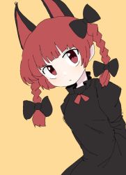 Rule 34 | 1girl, animal ears, black bow, black dress, bow, braid, cat ears, closed mouth, dress, extra ears, hair bow, iroha-kuro, kaenbyou rin, leaning to the side, long sleeves, looking at viewer, medium hair, pointy ears, red eyes, red hair, solo, touhou, twin braids, upper body, yellow background
