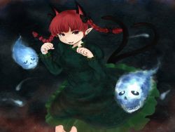 Rule 34 | 1girl, animal ears, bow, braid, cat ears, cat tail, dress, earrings, extra ears, fangs, floating skull, hair bow, highres, jewelry, kaenbyou rin, meganemausu, multiple tails, paw pose, pointy ears, red eyes, red hair, skull, solo, tail, touhou, twin braids