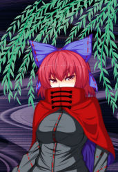 Rule 34 | 1girl, bow, breasts, cape, covered mouth, hair bow, covered mouth, high collar, highres, large breasts, looking at viewer, red eyes, red hair, sekibanki, short hair, solo, suirennka (scar of mind), touhou, tsurime, tunic, upper body, willow