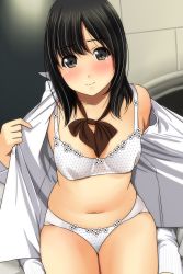 Rule 34 | 1girl, bare shoulders, black hair, blush, bow, bra, breasts, brown bow, brown eyes, closed mouth, collarbone, collared shirt, commentary request, highres, long hair, looking at viewer, matsunaga kouyou, navel, nose blush, open clothes, open shirt, original, panties, polka dot, polka dot bra, polka dot panties, ribbed legwear, shirt, sitting, small breasts, socks, solo, underwear, wariza, white bra, white panties, white shirt, white socks