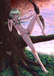 Rule 34 | 10s, 1girl, adsouto, arrow (projectile), artist name, autumn leaves, barefoot, bikini, blush, bow, breasts, day, elf, frilled bikini, frills, goblin slayer!, green bikini, green bow, green eyes, green hair, high elf archer (goblin slayer!), highres, holding, holding weapon, licking, licking weapon, long hair, looking at viewer, micro bikini, navel, pointy ears, short hair with long locks, sitting, small breasts, solo, striped bikini, striped clothes, swimsuit, tree, weapon