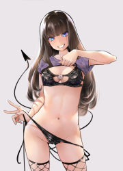 Rule 34 | 1girl, aqua eyes, black bra, black panties, blunt bangs, bra, breasts, brown hair, character request, cleavage, clothes lift, commentary, copyright request, daiki, demon tail, fang, fingernails, fishnet thighhighs, fishnets, grey background, grin, groin, highres, lifting own clothes, linea alba, long hair, looking at viewer, medium breasts, naughty face, navel, o-ring, panties, panty lift, partially visible vulva, pentagram, purple shirt, shirt, shirt lift, short sleeves, simple background, smile, solo, standing, stomach, symbol-only commentary, t-shirt, tail, teeth, thighhighs, underwear, v-shaped eyebrows
