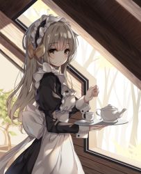 Rule 34 | 1girl, apron, black dress, breasts, brown eyes, brown hair, cup, dress, frilled apron, frills, highres, holding, indoors, juliet sleeves, long hair, long sleeves, looking at viewer, maid, maid apron, maid headdress, original, puffy sleeves, small breasts, solo, standing, teacup, teapot, tray, tree, wrist cuffs, yaya (yayaa 00)