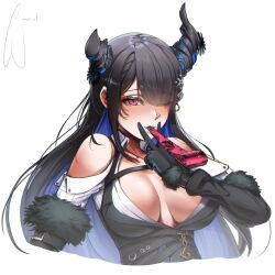 1girl adapted_costume asymmetrical_horns bare_shoulders black_hair blue_hair blush breasts colored_inner_hair demon_horns hair_ornament highres hololive hololive_english horns jamwes large_breasts long_hair mole mole_under_eye multicolored_hair nerissa_ravencroft red_eyes two-tone_hair uneven_horns very_long_hair virtual_youtuber