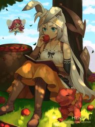 Rule 34 | 2girls, :d, animal, animal ears, artist name, bare shoulders, black sleeves, blue eyes, blue sky, blush, book, boots, bow (weapon), breasts, brown footwear, cloud, cloudy sky, collarbone, commentary, day, detached sleeves, dragalia lost, dragon, eating, english commentary, fairy, fairy wings, fingernails, food, grass, hand up, hentaki, highres, holding, holding food, knee boots, long hair, long sleeves, mini person, minigirl, multiple girls, mushroom, notte (dragalia lost), on grass, on ground, open book, open mouth, orange skirt, outdoors, rabbit ears, reading, red hair, round teeth, sarisse (dragalia lost), sitting, skirt, sky, small breasts, smile, teeth, tree shade, upper teeth only, very long hair, watermark, weapon, web address, white hair, wings