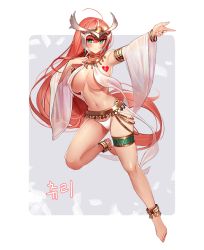 Rule 34 | ahoge, anklet, aqua eyes, arm up, armlet, armpits, bad id, bad pixiv id, bangle, bare shoulders, barefoot, belt, bikini, blush, bracelet, breast curtains, breasts, cleavage, closed mouth, commission, dancer, detached sleeves, dungeon and fighter, earrings, full body, grey background, hand on own chest, headpiece, heart, jewelry, korean text, large breasts, leg up, long hair, long sleeves, looking at viewer, micat, navel, outstretched arm, pink hair, revealing clothes, ring, smile, stomach, swimsuit, thighlet, translation request, two-tone background, very long hair, white background, white bikini, wide sleeves