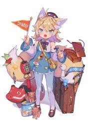 Rule 34 | 1girl, :o, animal ears, bag, bento, black footwear, blue eyes, bow, bowtie, commentary request, detached sleeves, flag, food, fox ears, fox girl, fox tail, full body, hair ornament, hairclip, handbag, highres, holding, holding flag, lampion, light brown hair, long hair, looking at viewer, mary janes, multiple tails, original, pantyhose, ribbon, shindou kamichi, shoes, sidelocks, simple background, solo, standing, suitcase, tail, thick eyebrows, translation request, white background, white pantyhose, wide sleeves