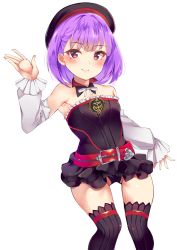 Rule 34 | 1girl, ashino, bare shoulders, black thighhighs, blush, detached sleeves, fate/grand order, fate (series), hat, helena blavatsky (fate), highres, looking at viewer, purple eyes, purple hair, short hair, simple background, smile, solo, strapless, thighhighs, sefirot, white background