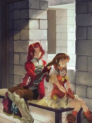 2girls bench between_legs braid braided_ponytail brown_hair commentary_request cross-laced_clothes cross-laced_top fire_emblem fire_emblem:_radiant_dawn green_eyes hairdressing hand_between_legs highres long_hair mist_(fire_emblem) multiple_girls nintendo on_bench picnicic red_hair sitting skirt titania_(fire_emblem) twitter_username very_long_hair