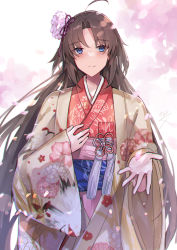 Rule 34 | 1girl, absurdres, ahoge, blue eyes, brown hair, commentary request, eyes visible through hair, fate/grand order, fate (series), hair ornament, highres, hitomin (ksws7544), huge filesize, japanese clothes, kara no kyoukai, kimono, long hair, long sleeves, looking at viewer, obi, petals, reaching, reaching towards viewer, ryougi shiki, ryougi shiki (third ascension), sash, sidelocks, simple background, solo, wide sleeves