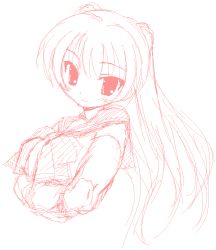 Rule 34 | 00s, 1girl, :3, blush, female focus, kekyo, kousaka tamaki, long hair, looking at viewer, monochrome, oekaki, red theme, simple background, sketch, smile, solo, to heart (series), to heart 2, twintails, upper body, white background