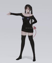 Rule 34 | 1girl, aoi ogata, black choker, black hair, black shirt, black thighhighs, breasts, choker, clip studio paint (medium), collarbone, commentary, commission, demon tail, english commentary, facial mark, full body, grey background, hand on own hip, heart, highres, horns, long hair, long sleeves, looking at viewer, medium breasts, no shoes, off-shoulder shirt, off shoulder, original, outstretched arm, parted lips, red eyes, shirt, simple background, single horn, sleeves past wrists, smile, solo, standing, tail, thighhighs, twintails, very long hair