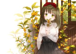 Rule 34 | 1girl, amafuyu, black skirt, blush, bow, breasts, commentary request, cover, cover page, covered mouth, flower, flower over mouth, frilled shirt, frills, green eyes, green hair, hair bow, high-waist skirt, highres, holding, holding flower, long hair, long sleeves, looking at viewer, medium breasts, novel cover, orange flower, original, pleated skirt, red bow, shirt, skirt, solo, white shirt