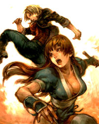 Rule 34 | 2girls, battle, blonde hair, breasts, brown hair, cleavage, dead or alive, denim, downblouse, fcp, jacket, kasumi (doa), kicking, multiple girls, open mouth, tecmo, tina armstrong, weapon
