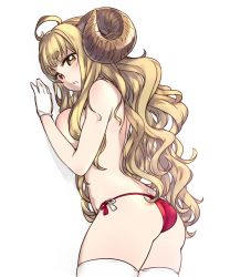 Rule 34 | 10s, 1girl, against wall, ahoge, anila (granblue fantasy), ass, blonde hair, blush, breasts, chan co, cowboy shot, draph, eyebrows, female focus, gloves, granblue fantasy, horns, large breasts, long hair, looking at viewer, multicolored clothes, multicolored panties, panties, red panties, sheep horns, short eyebrows, side-tie panties, simple background, solo, thick eyebrows, thighhighs, topless, underwear, underwear only, white background, white gloves, white thighhighs, yellow eyes