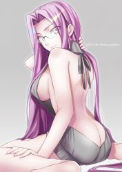 Rule 34 | 1girl, 2017, adjusting hair, ass, back, backless dress, backless outfit, bare back, bare shoulders, breasts, butt crack, dated, dress, fate/hollow ataraxia, fate/stay night, fate (series), female focus, from behind, glasses, grey dress, halterneck, large breasts, long hair, looking at viewer, medusa (fate), medusa (rider) (fate), meme attire, naked sweater, nina (pastime), no bra, no panties, purple eyes, purple hair, ribbed sweater, sideboob, sitting, solo, square pupils, sweater, sweater dress, turtleneck, turtleneck sweater, twitter username, very long hair, virgin killer sweater, wariza