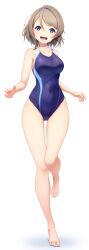 Rule 34 | 1girl, absurdres, amagi (volfuji), barefoot, blue eyes, blue one-piece swimsuit, breasts, brown hair, collarbone, commentary, competition swimsuit, covered navel, feet, full body, grey hair, highres, legs, looking at viewer, love live!, love live! sunshine!!, medium breasts, one-piece swimsuit, open mouth, short hair, simple background, smile, solo, swimsuit, toenails, toes, watanabe you, white background
