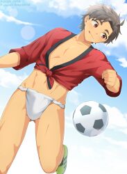 Rule 34 | 1boy, :p, artist name, ball, blue sky, blush, bulge, clenched hand, collarbone, commentary request, crop top, day, facing viewer, fundoshi, fundoshi day, gluteal fold, green footwear, grey hair, groin, hair intakes, hand up, happi, highres, japanese clothes, lens flare, licking lips, linea alba, male focus, male underwear, navel, original, outdoors, paid reward available, parted bangs, pectoral cleavage, pectorals, pink eyes, playing sports, red happi, shoes, short hair, sky, sneakers, soccer, soccer ball, solo, spiked hair, standing, standing on one leg, thick eyebrows, toned, toned male, tongue, tongue out, twitter username, underwear, yuya hytk