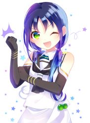 Rule 34 | 10s, 1girl, bad id, bad pixiv id, blue hair, elbow gloves, gloves, green eyes, highres, kantai collection, long hair, low twintails, mafuyu (chibi21), one eye closed, open mouth, school uniform, serafuku, sleeveless, solo, suzukaze (kancolle), twintails