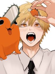 Rule 34 | 1boy, 1other, arms up, black eyes, black necktie, blonde hair, blush, chain, chainsaw, chainsaw man, character doll, collared shirt, colored sclera, colored skin, commentary request, denji (chainsaw man), doll, fang, fangs, grey sclera, grey shirt, hair between eyes, hands up, highres, charm (object), looking up, miniorque, necktie, open mouth, orange eyes, orange skin, pet, pochita (chainsaw man), sharp teeth, shirt, short hair, simple background, smile, standing, teeth, tongue, tongue out, white background
