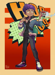 Rule 34 | 1boy, black pants, black shirt, blue jacket, blush, bo9 (bo9 nc), closed mouth, commentary request, creatures (company), dark-skinned male, dark skin, dated, energy, fur-trimmed jacket, fur trim, game freak, green bag, holding, holding poke ball, hop (pokemon), jacket, male focus, nintendo, pants, poke ball, poke ball (basic), pokemon, pokemon swsh, purple hair, shirt, shoes, short hair, signature, smile, solo, standing, yellow eyes