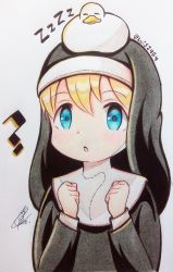 Rule 34 | 1girl, ?, absurdres, animal, animal on head, bird, bird on head, blue eyes, blush, clumsy nun (diva), duck, habit, hands up, highres, little nuns (diva), long sleeves, looking at viewer, luisz4g4, nun, on head, open mouth, shadow, signature, simple background, solo, traditional nun, twitter username, white background, zzz