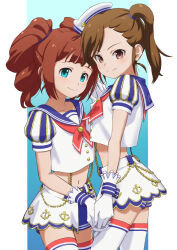 Rule 34 | &gt;:), 2girls, anchor print, aqua eyes, blue background, blue sailor collar, blunt bangs, blunt ends, brown eyes, brown hair, closed mouth, commentary request, cowboy shot, cropped shirt, futami mami, gloves, hand up, hat, hat ornament, highres, holding hands, idol, idol clothes, idolmaster, idolmaster (classic), light blush, looking at viewer, mappy (minogue), miniskirt, multiple girls, navel, neckerchief, print skirt, puffy short sleeves, puffy sleeves, red neckerchief, sailor collar, sailor hat, shirt, short sleeves, side ponytail, sidelocks, simple background, skirt, smile, split mouth, star (symbol), star hat ornament, swept bangs, takatsuki yayoi, tareme, thighhighs, twintails, two-tone background, v-shaped eyebrows, wavy hair, white background, white gloves, white hat, white shirt, white skirt, white thighhighs, zettai ryouiki