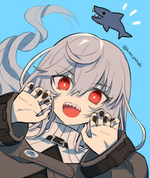 Rule 34 | 1girl, arknights, black nails, blue background, claw pose, commentary, fangs, fangs out, female focus, hair between eyes, husui parashi, long hair, long sleeves, nail polish, open mouth, red eyes, shark, silver hair, solo, specter (arknights), turtleneck
