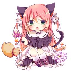 Rule 34 | 1girl, :d, ai 1003, animal ears, black bow, black bowtie, black footwear, black shirt, blush, bow, bowtie, broom, broom riding, candy, cat ears, cat girl, cat tail, chibi, commentary request, fang, food, full body, hair between eyes, hair bow, halloween, highres, holding, holding candy, holding food, holding lollipop, kneehighs, lollipop, long hair, looking at viewer, open mouth, original, pink bow, pink hair, polka dot, polka dot bow, shirt, shoes, signature, simple background, sitting, sitting sideways, skirt, smile, socks, solo, star (symbol), striped, striped bow, swirl lollipop, tail, two side up, very long hair, white background, white bow, white skirt, white socks