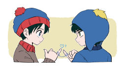 Rule 34 | 2boys, animification, beanie, black hair, blue eyes, blue headwear, bright pupils, child, closed mouth, craig tucker, flat color, from side, green eyes, hat, heart, highres, kxh-hxk, male focus, multiple boys, profile, simple background, south park, stan marsh, white pupils, yaoi