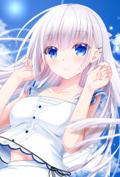 Rule 34 | 1girl, 2020, blue eyes, blue sky, blush, breasts, center frills, chibinon, closed mouth, collarbone, commentary request, dated commentary, day, dress, eyelashes, eyes visible through hair, floating hair, frilled dress, frills, hair between eyes, hands up, highres, long hair, looking at viewer, medium breasts, naruse shiroha, navel, outdoors, sky, smile, solo, straight-on, summer pockets, sun, upper body, very long hair, white dress, white hair