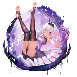 Rule 34 | 1girl, :d, absurdres, barefoot, blush, dress, feet, full body, grey hair, heart, heart-shaped pupils, highres, legs up, long hair, looking at viewer, magic circle, open mouth, original, panties, purple eyes, short dress, smile, soles, solo, stirrup legwear, symbol-shaped pupils, toeless legwear, toes, transparent background, underwear, youyueyue, youyueyuee