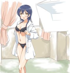 Rule 34 | 10s, 1girl, bathrobe, bikini, black bikini, blue hair, blush, breasts, curtains, front-tie bikini top, front-tie top, long hair, looking at viewer, love live!, love live! school idol project, navel, open mouth, solo, sonoda umi, swimsuit, tetopetesone, undressing, yellow eyes