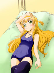 Rule 34 | 00s, 1girl, arisa bunnings, blonde hair, blush, colorized, cotonpot, green eyes, long hair, looking at viewer, lying, lyrical nanoha, mahou shoujo lyrical nanoha, on back, one-piece swimsuit, school swimsuit, smile, solo, swimsuit, thighhighs