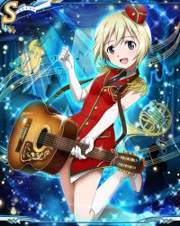 Rule 34 | 1girl, acoustic guitar, band uniform, blonde hair, blue eyes, elbow gloves, epaulettes, erica hartmann, gloves, guitar, hat, instrument, marching band, musical note, necktie, open mouth, quaver, short hair, smile, solo, staff (music), strike witches, uniform, world witches series