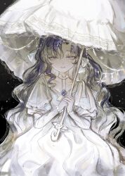 Rule 34 | 1girl, black background, bow, brooch, cindymeimezu, dress, gem, hair bow, highres, holding, holding umbrella, jewelry, layered sleeves, long hair, long sleeves, looking at viewer, original, parasol, parted bangs, purple eyes, smile, solo, umbrella, very long hair, wavy hair, white bow, white dress, white umbrella