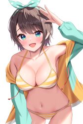 Rule 34 | 1girl, aqua eyes, bow, breasts, brown hair, cleavage, hair bow, hololive, kumoru (kumoru 145), looking at viewer, oozora subaru, open mouth, short hair, simple background, smile, solo, swimsuit