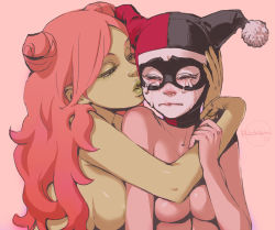 Rule 34 | 2girls, animification, batman (series), breast press, breasts, colored skin, comforting, dc comics, domino mask, eyelashes, green skin, hand on another&#039;s head, harley quinn, hat, jester cap, large breasts, lips, long hair, mask, multiple girls, nude, poison ivy, red hair, ricken, sideboob, signature, simple background, tears, topless, upper body, yuri