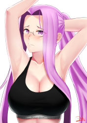 Rule 34 | 1girl, absurdres, alternate costume, alternate hairstyle, arm behind head, armpits, arms up, black sports bra, blush, breasts, cleavage, fate/grand order, fate/stay night, fate (series), female focus, glasses, hair intakes, highres, large breasts, long hair, matching hair/eyes, medusa (fate), medusa (rider) (fate), ponytail, purple eyes, purple hair, sidelocks, solo, sports bra, square pupils, upper body, very long hair, white background, zinfian