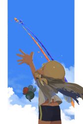 Rule 34 | 1girl, 2others, agent 3 (splatoon 3), animal, arm up, bike shorts, black shorts, blonde hair, blue sky, border, braid, brown cape, cape, cloud, cloudy sky, commentary request, cowboy shot, facing away, from behind, highres, inkling girl, inkling player character, jumping, long hair, midriff peek, multiple others, nintendo, outside border, pillarboxed, pointy ears, salmonid, shirt, shorts, single braid, sky, smallfry (splatoon), splatoon (series), splatoon 1, splatoon 3, squid, sumi ko888, tentacle hair, torn cape, torn clothes, torn shirt, waving, white border, white shirt