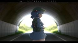 Rule 34 | 1girl, backpack, bag, blue eyes, blue hair, flanvia, hair bobbles, hair ornament, hat, highres, kawashiro nitori, letterboxed, looking back, matching hair/eyes, miniskirt, skirt, solo, touhou, tunnel, twintails, two side up