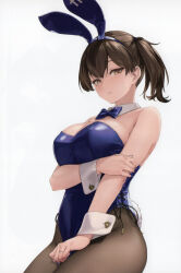 Rule 34 | 1girl, absurdres, alternate costume, animal ears, bare shoulders, black pantyhose, blue bow, blue bowtie, blue leotard, blue nails, bow, bowtie, breasts, brown eyes, brown hair, brown pantyhose, cleavage, comiket 102, detached collar, fake animal ears, fake tail, grey pantyhose, hair between eyes, hand on own arm, highleg, highleg leotard, highres, jewelry, kaga (kancolle), kantai collection, large breasts, leotard, lips, long hair, looking at viewer, medium hair, non-web source, pantyhose, parted lips, playboy bunny, rabbit ears, rabbit tail, ring, rokuwata tomoe, scan, side ponytail, simple background, solo, strapless, strapless leotard, tail, traditional bowtie, wedding ring, white background, wrist cuffs