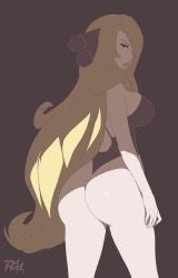 Rule 34 | 1girl, ass, blonde hair, breasts, creatures (company), cynthia (pokemon), flat color, game freak, highres, huge ass, large breasts, long hair, looking back, nintendo, open mouth, pokemon, pokemon dppt, pout, r3dfive, solo, standing, very long hair